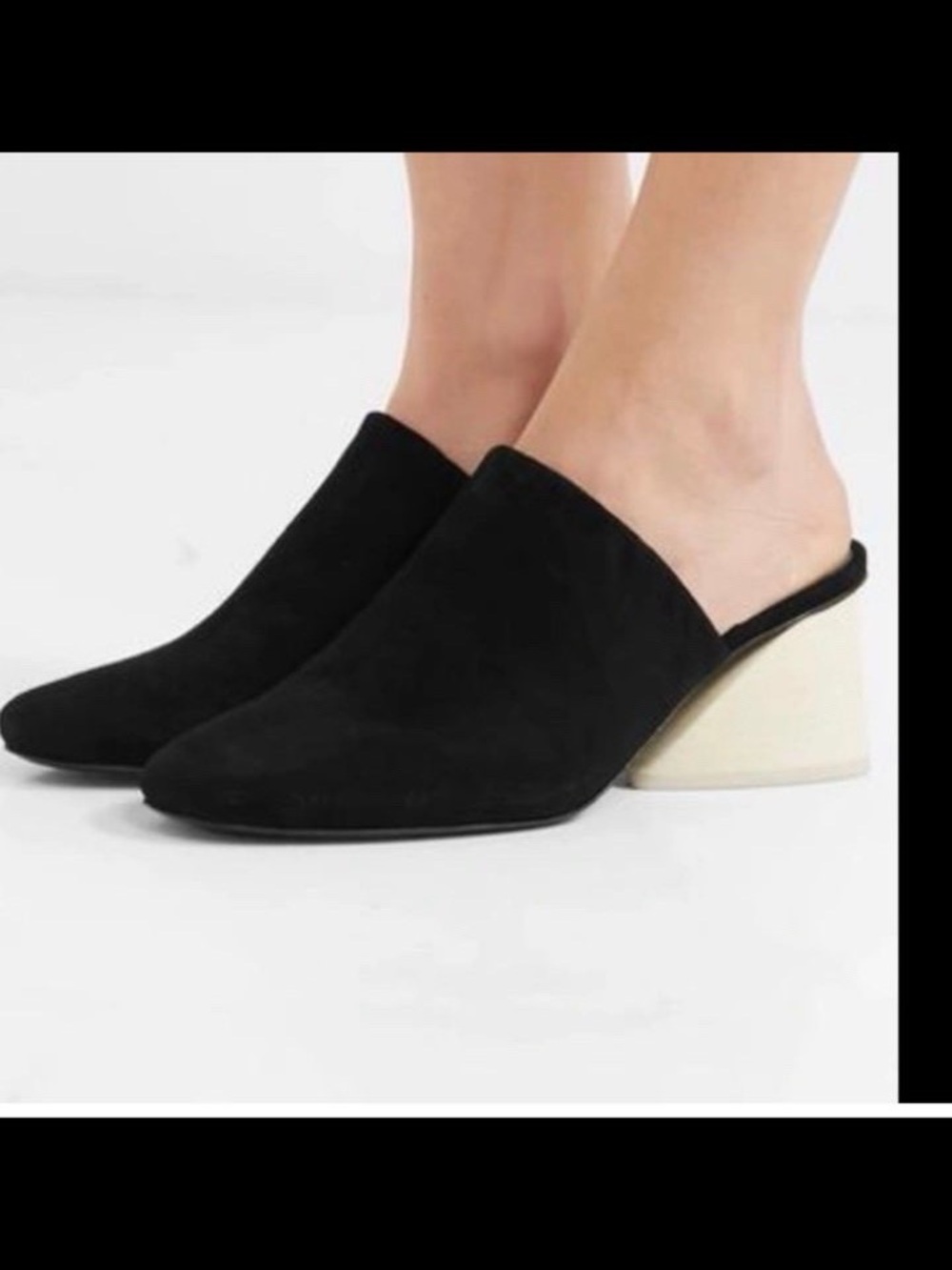 MERCEDES CASTILLO Black Suede Wedge Mules with Cream Heel